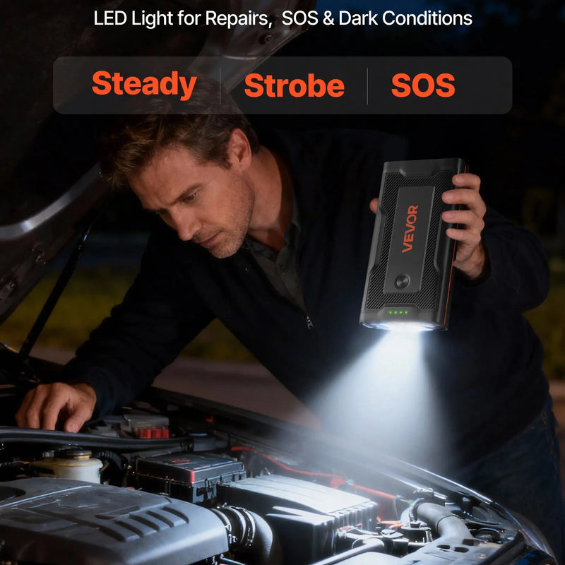 VEVOR auto iedarbināšanas starteris 1000 A, 12 V portatīvs litija akumulatora pastiprinātājs ar starta kabeļiem un 3 režīmu LED lukturīti, piemērots benzīna dzinējiem līdz 5 l un dīzeļdzinējiem līdz 3 l