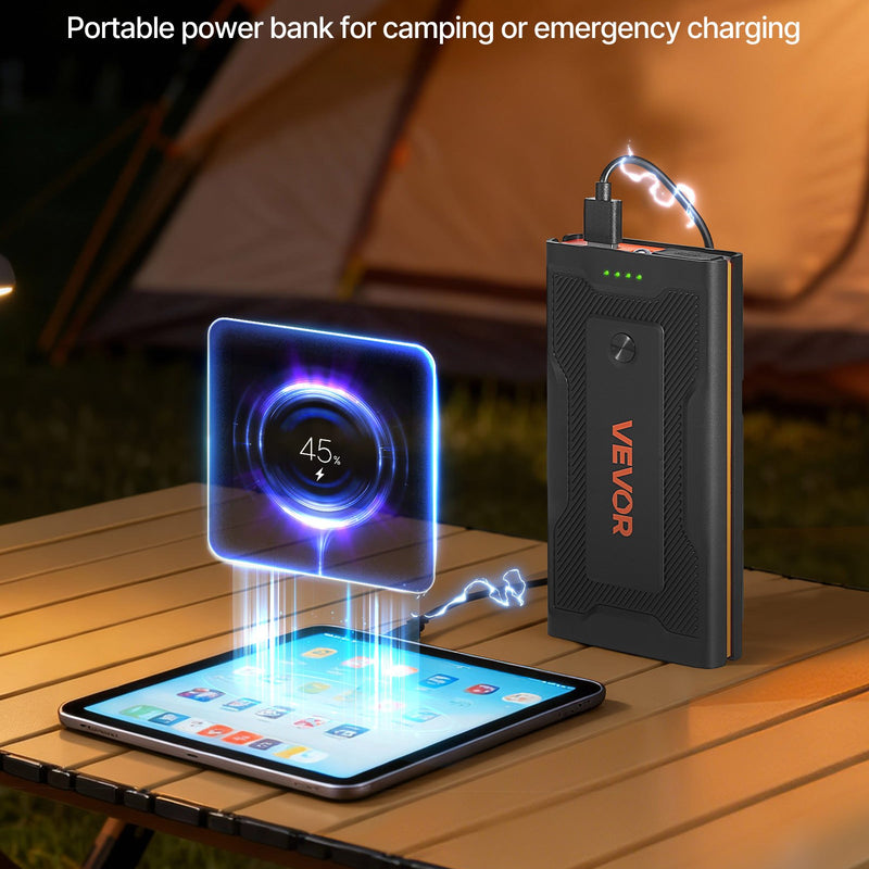 VEVOR auto iedarbināšanas starteris 1000 A, 12 V portatīvs litija akumulatora pastiprinātājs ar starta kabeļiem un 3 režīmu LED lukturīti, piemērots benzīna dzinējiem līdz 5 l un dīzeļdzinējiem līdz 3 l