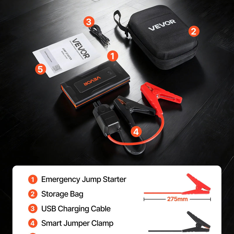 VEVOR auto iedarbināšanas starteris 1000 A, 12 V portatīvs litija akumulatora pastiprinātājs ar starta kabeļiem un 3 režīmu LED lukturīti, piemērots benzīna dzinējiem līdz 5 l un dīzeļdzinējiem līdz 3 l