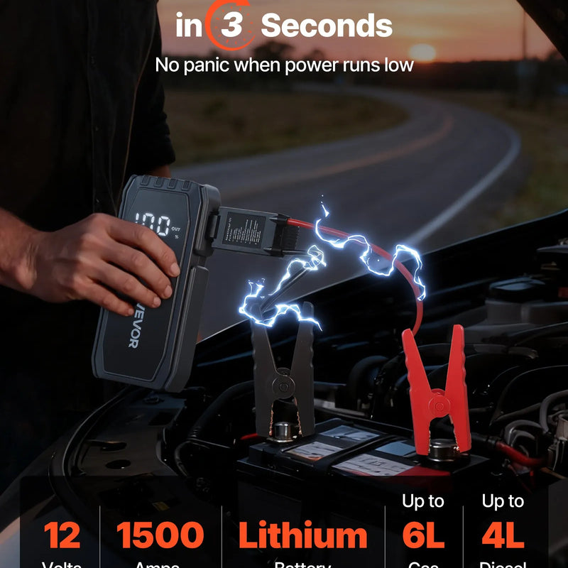 VEVOR auto iedarbināšanas starteris 1500 A, 12 V portatīvs litija akumulatora pastiprinātājs ar starta kabeļiem un 3 režīmu LED lukturīti, piemērots benzīna dzinējiem līdz 6 l un dīzeļdzinējiem līdz 4 l