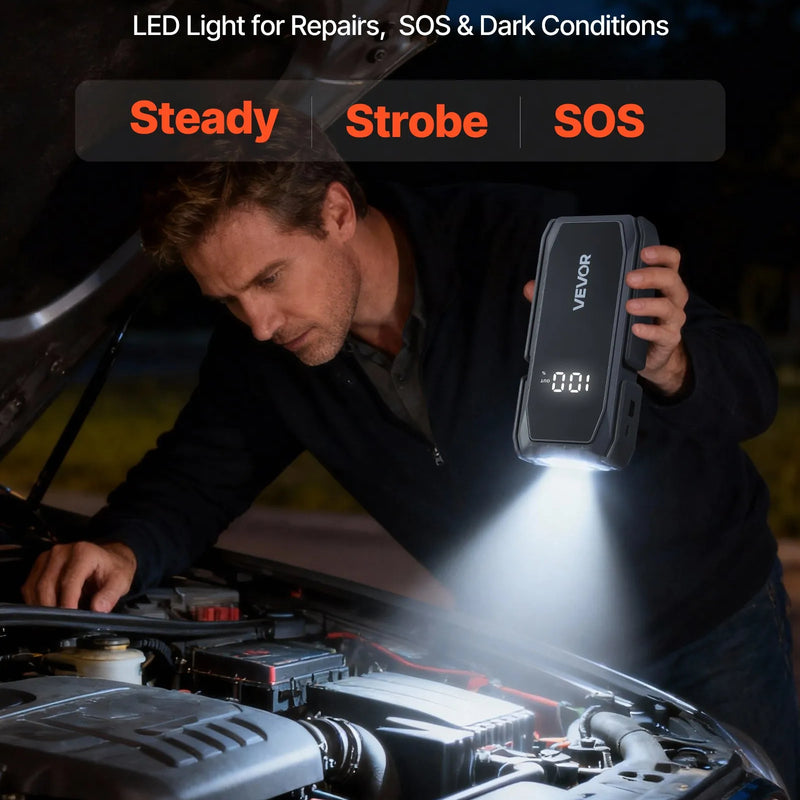 VEVOR auto iedarbināšanas starteris 1500 A, 12 V portatīvs litija akumulatora pastiprinātājs ar starta kabeļiem un 3 režīmu LED lukturīti, piemērots benzīna dzinējiem līdz 6 l un dīzeļdzinējiem līdz 4 l