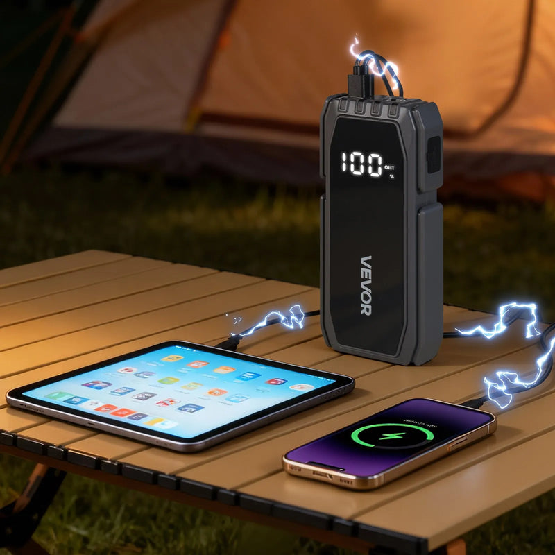 VEVOR auto iedarbināšanas starteris 1500 A, 12 V portatīvs litija akumulatora pastiprinātājs ar starta kabeļiem un 3 režīmu LED lukturīti, piemērots benzīna dzinējiem līdz 6 l un dīzeļdzinējiem līdz 4 l