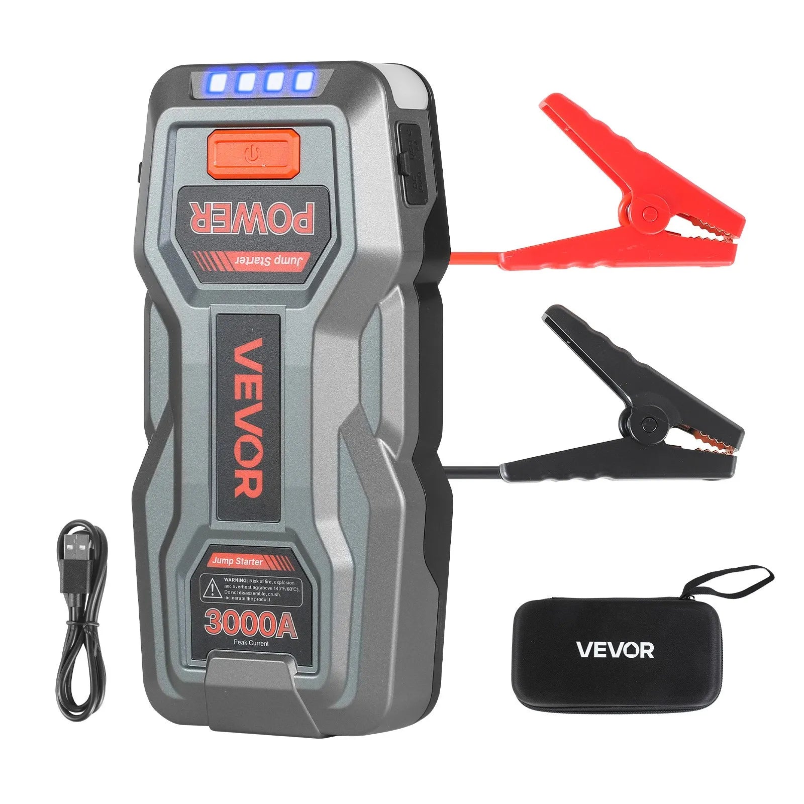 VEVOR auto käivitusstarter 3000 A, 12 V kaasaskantav liitiumaku võimendi koos käivituskaablitega ja 3-režiimilise taskulambiga, sobib kuni 9-liitrise bensiinimootoriga ja kuni 7-liitrise diiselmootoriga sõidukitele
