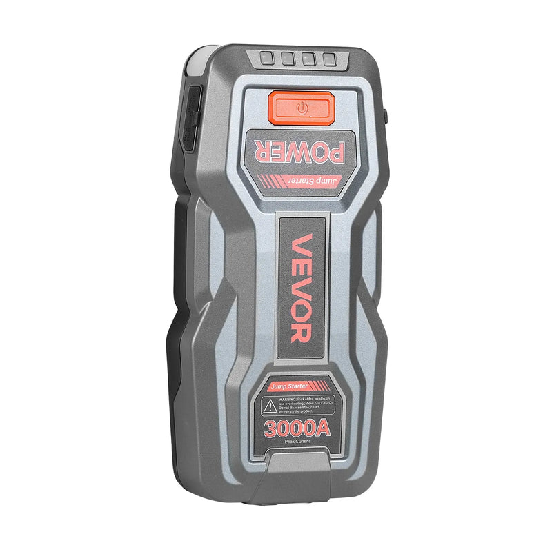 VEVOR auto iedarbināšanas starteris 3000 A, 12 V portatīvs litija akumulatora pastiprinātājs ar starta kabeļiem un 3 režīmu lukturīti, piemērots benzīna dzinējiem līdz 9 l un dīzeļdzinējiem līdz 7 l