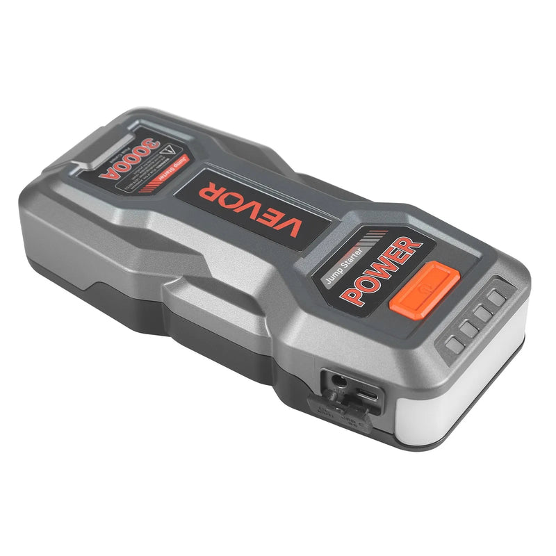 VEVOR auto iedarbināšanas starteris 3000 A, 12 V portatīvs litija akumulatora pastiprinātājs ar starta kabeļiem un 3 režīmu lukturīti, piemērots benzīna dzinējiem līdz 9 l un dīzeļdzinējiem līdz 7 l