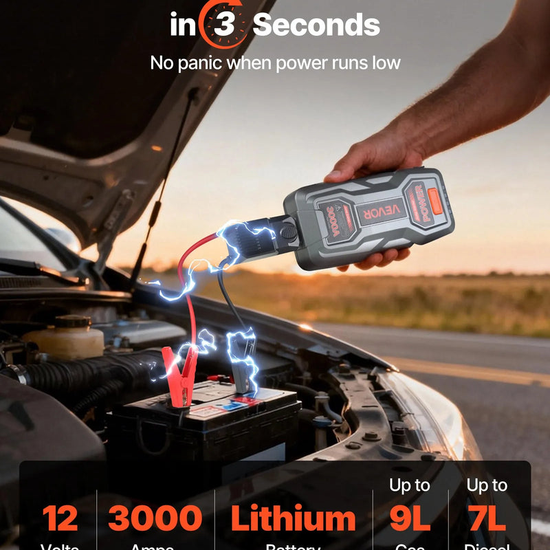 VEVOR auto iedarbināšanas starteris 3000 A, 12 V portatīvs litija akumulatora pastiprinātājs ar starta kabeļiem un 3 režīmu lukturīti, piemērots benzīna dzinējiem līdz 9 l un dīzeļdzinējiem līdz 7 l