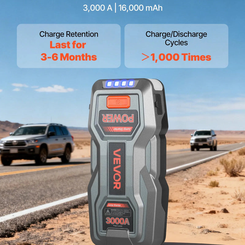 VEVOR auto iedarbināšanas starteris 3000 A, 12 V portatīvs litija akumulatora pastiprinātājs ar starta kabeļiem un 3 režīmu lukturīti, piemērots benzīna dzinējiem līdz 9 l un dīzeļdzinējiem līdz 7 l
