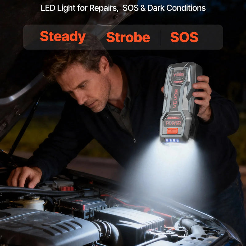 VEVOR auto iedarbināšanas starteris 3000 A, 12 V portatīvs litija akumulatora pastiprinātājs ar starta kabeļiem un 3 režīmu lukturīti, piemērots benzīna dzinējiem līdz 9 l un dīzeļdzinējiem līdz 7 l