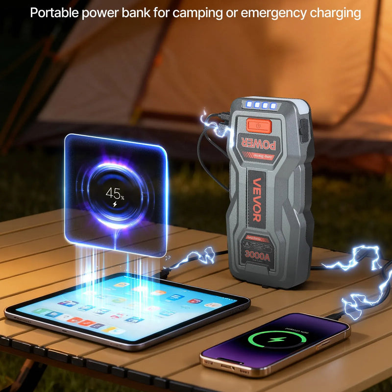 VEVOR auto iedarbināšanas starteris 3000 A, 12 V portatīvs litija akumulatora pastiprinātājs ar starta kabeļiem un 3 režīmu lukturīti, piemērots benzīna dzinējiem līdz 9 l un dīzeļdzinējiem līdz 7 l