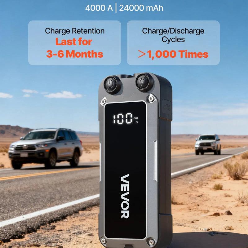 VEVOR auto iedarbināšanas starteris 4000 A, 12 V portatīvs litija akumulatora pastiprinātājs ar starta kabeļiem un 3 režīmu LED lukturīti, piemērots benzīna dzinējiem līdz 10 l un dīzeļdzinējiem līdz 8 l