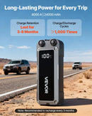 VEVOR auto iedarbināšanas starteris 4000 A, 12 V portatīvs litija akumulatora pastiprinātājs ar starta kabeļiem un 3 režīmu LED lukturīti, piemērots benzīna dzinējiem līdz 10 l un dīzeļdzinējiem līdz 8 l