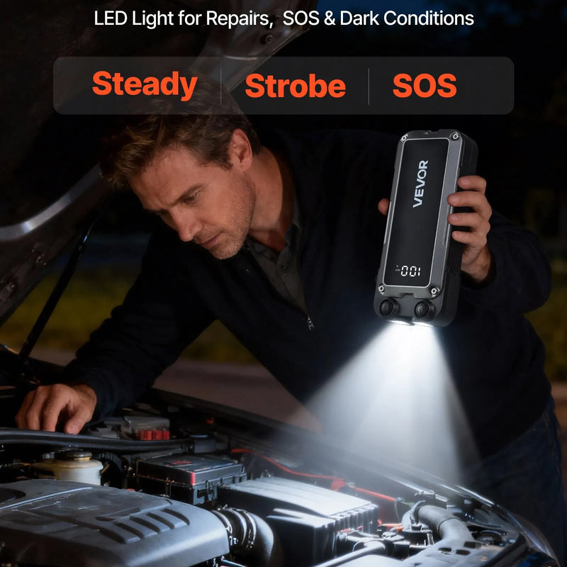 VEVOR auto iedarbināšanas starteris 4000 A, 12 V portatīvs litija akumulatora pastiprinātājs ar starta kabeļiem un 3 režīmu LED lukturīti, piemērots benzīna dzinējiem līdz 10 l un dīzeļdzinējiem līdz 8 l