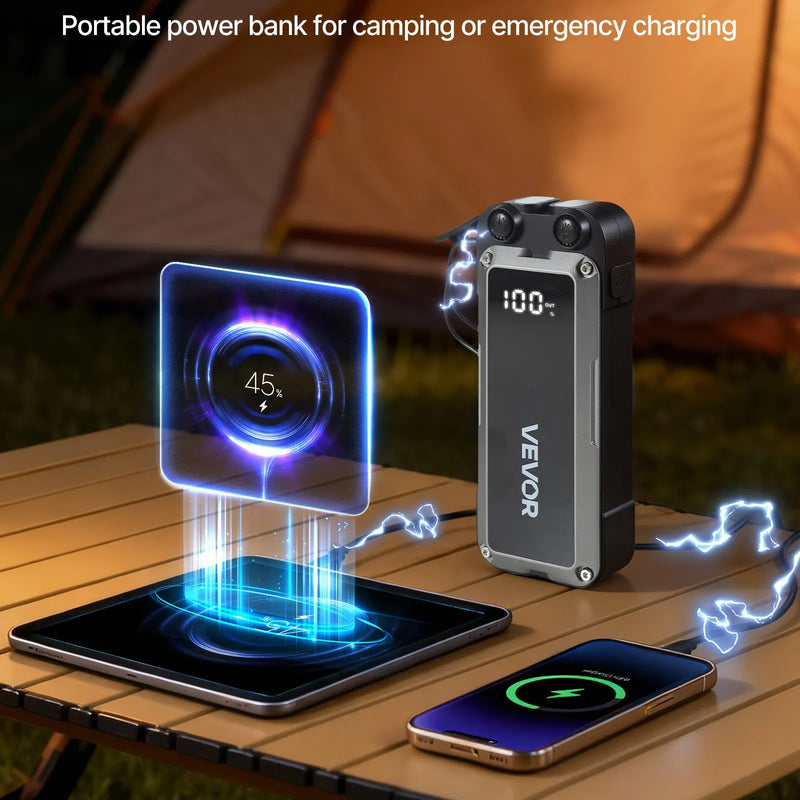 VEVOR auto iedarbināšanas starteris 4000 A, 12 V portatīvs litija akumulatora pastiprinātājs ar starta kabeļiem un 3 režīmu LED lukturīti, piemērots benzīna dzinējiem līdz 10 l un dīzeļdzinējiem līdz 8 l