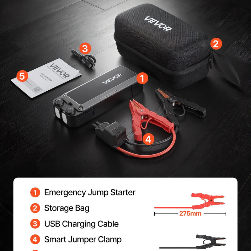VEVOR auto iedarbināšanas starteris 4000 A, 12 V portatīvs litija akumulatora pastiprinātājs ar starta kabeļiem un 3 režīmu LED lukturīti, piemērots benzīna dzinējiem līdz 10 l un dīzeļdzinējiem līdz 8 l