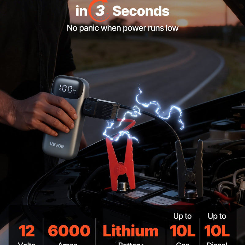 VEVOR automašīnas akumulatora starteris, 6000 A pīķa strāva, 12 V portatīvs litija akumulatora palaidējs ar jaudas banku, 3 režīmu lukturītis un starta kabeļi, paredzēts līdz 10 l benzīna un 10 l dīzeļdzinējiem
