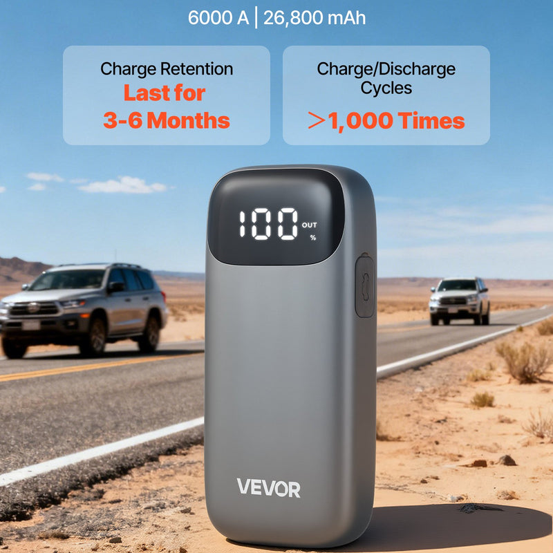 VEVOR automašīnas akumulatora starteris, 6000 A pīķa strāva, 12 V portatīvs litija akumulatora palaidējs ar jaudas banku, 3 režīmu lukturītis un starta kabeļi, paredzēts līdz 10 l benzīna un 10 l dīzeļdzinējiem
