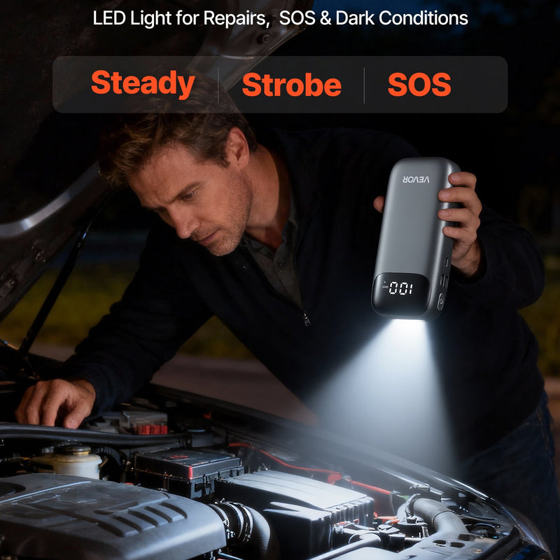 VEVOR automašīnas akumulatora starteris, 6000 A pīķa strāva, 12 V portatīvs litija akumulatora palaidējs ar jaudas banku, 3 režīmu lukturītis un starta kabeļi, paredzēts līdz 10 l benzīna un 10 l dīzeļdzinējiem