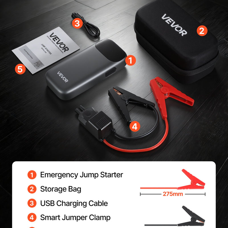 VEVOR automašīnas akumulatora starteris, 6000 A pīķa strāva, 12 V portatīvs litija akumulatora palaidējs ar jaudas banku, 3 režīmu lukturītis un starta kabeļi, paredzēts līdz 10 l benzīna un 10 l dīzeļdzinējiem