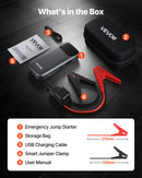 VEVOR automašīnas akumulatora starteris, 6000 A pīķa strāva, 12 V portatīvs litija akumulatora palaidējs ar jaudas banku, 3 režīmu lukturītis un starta kabeļi, paredzēts līdz 10 l benzīna un 10 l dīzeļdzinējiem