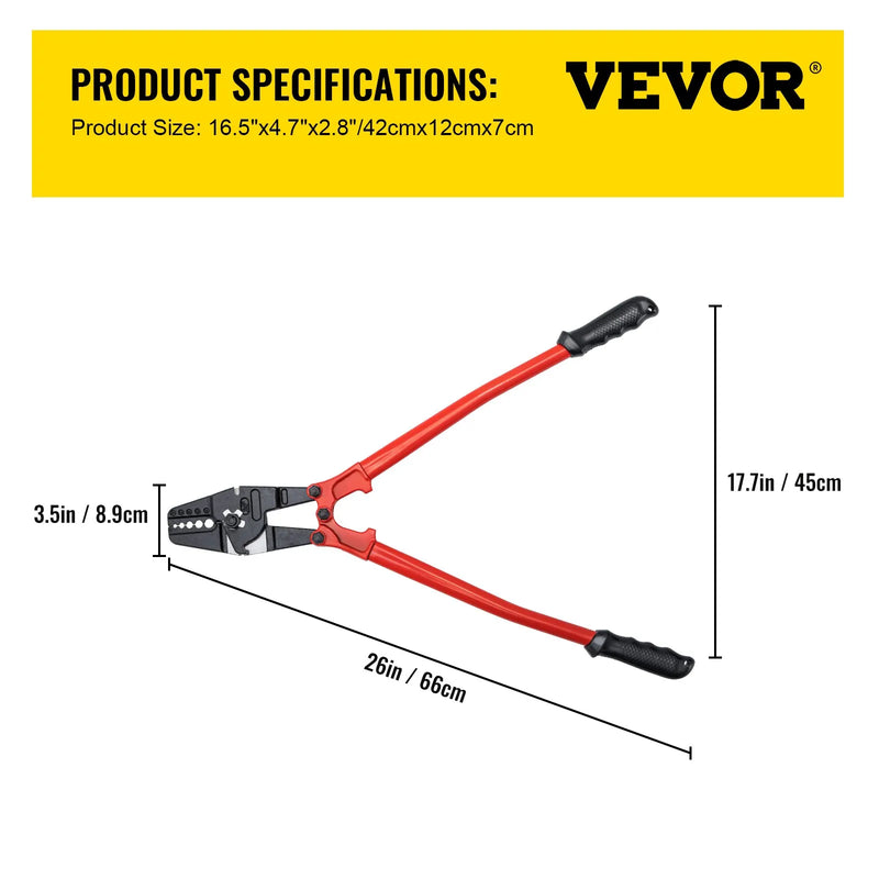 VEVOR 610 mm rokas preses knaibles ar 5 iedobēm, piemērotas 1,5–4,8 mm vara un alumīnija ovālajiem un gala uzmavām, troses saspiešanas instruments ar garu rokturi un darba spēku taupošu mehānismu