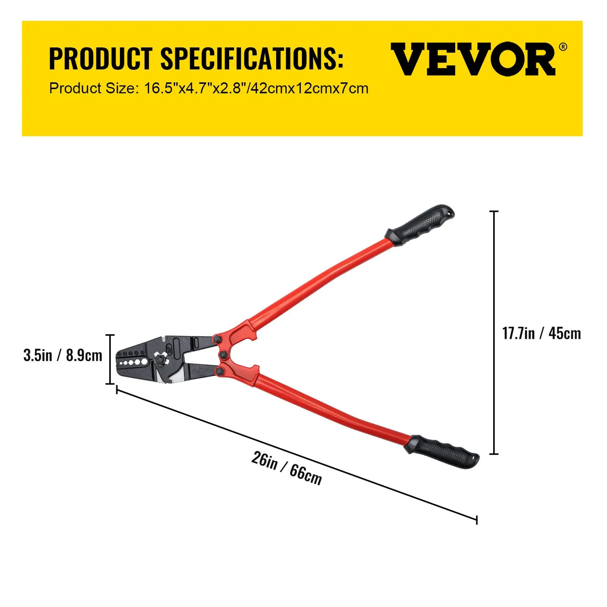 VEVOR 610 mm rokas preses knaibles ar 5 iedobēm, piemērotas 1,5–4,8 mm vara un alumīnija ovālajiem un gala uzmavām, troses saspiešanas instruments ar garu rokturi un darba spēku taupošu mehānismu