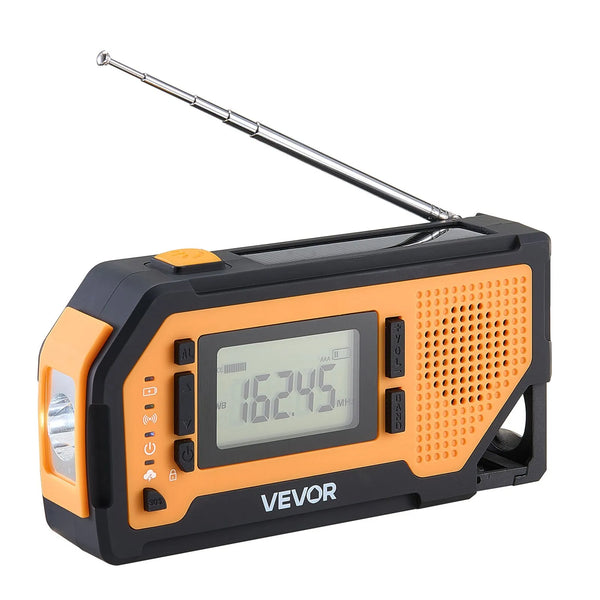 VEVOR avārijas laikapstākļu radio ar 2000 mAh akumulatoru, FM/AM/WB/NOAA trauksmi, saules un rokas ģeneratora uzlādi, USB savienojumu, SOS signālu un lukturīti, pārnēsājams āra situācijām un kempingam