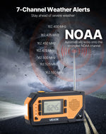 VEVOR avārijas laikapstākļu radio ar 2000 mAh akumulatoru, FM/AM/WB/NOAA trauksmi, saules un rokas ģeneratora uzlādi, USB savienojumu, SOS signālu un lukturīti, pārnēsājams āra situācijām un kempingam