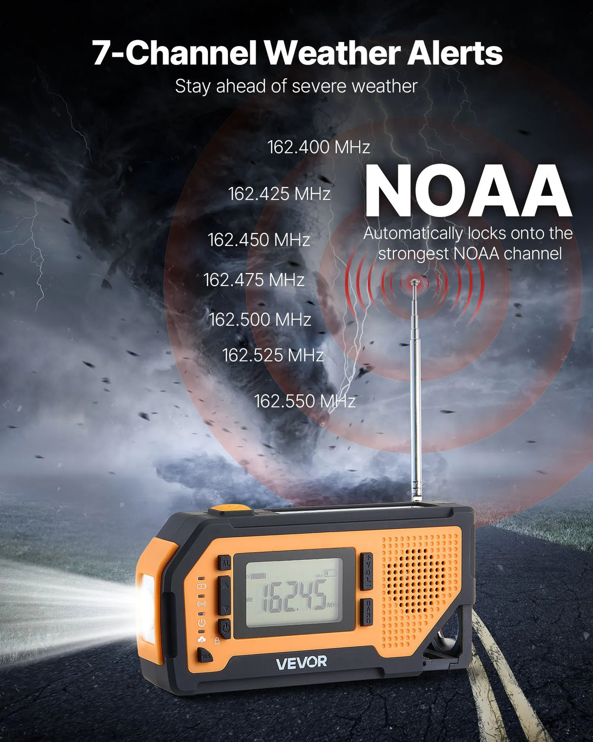 VEVOR avārijas laikapstākļu radio ar 2000 mAh akumulatoru, FM/AM/WB/NOAA trauksmi, saules un rokas ģeneratora uzlādi, USB savienojumu, SOS signālu un lukturīti, pārnēsājams āra situācijām un kempingam