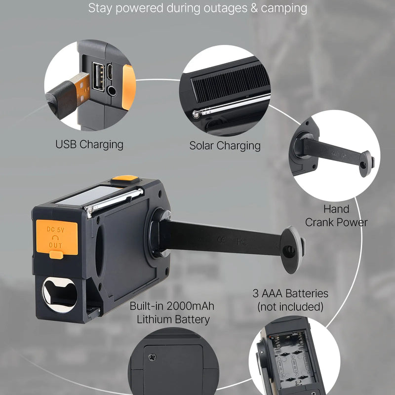 VEVOR avārijas laikapstākļu radio ar 2000 mAh akumulatoru, FM/AM/WB/NOAA trauksmi, saules un rokas ģeneratora uzlādi, USB savienojumu, SOS signālu un lukturīti, pārnēsājams āra situācijām un kempingam