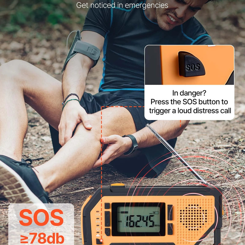 VEVOR avārijas laikapstākļu radio ar 2000 mAh akumulatoru, FM/AM/WB/NOAA trauksmi, saules un rokas ģeneratora uzlādi, USB savienojumu, SOS signālu un lukturīti, pārnēsājams āra situācijām un kempingam