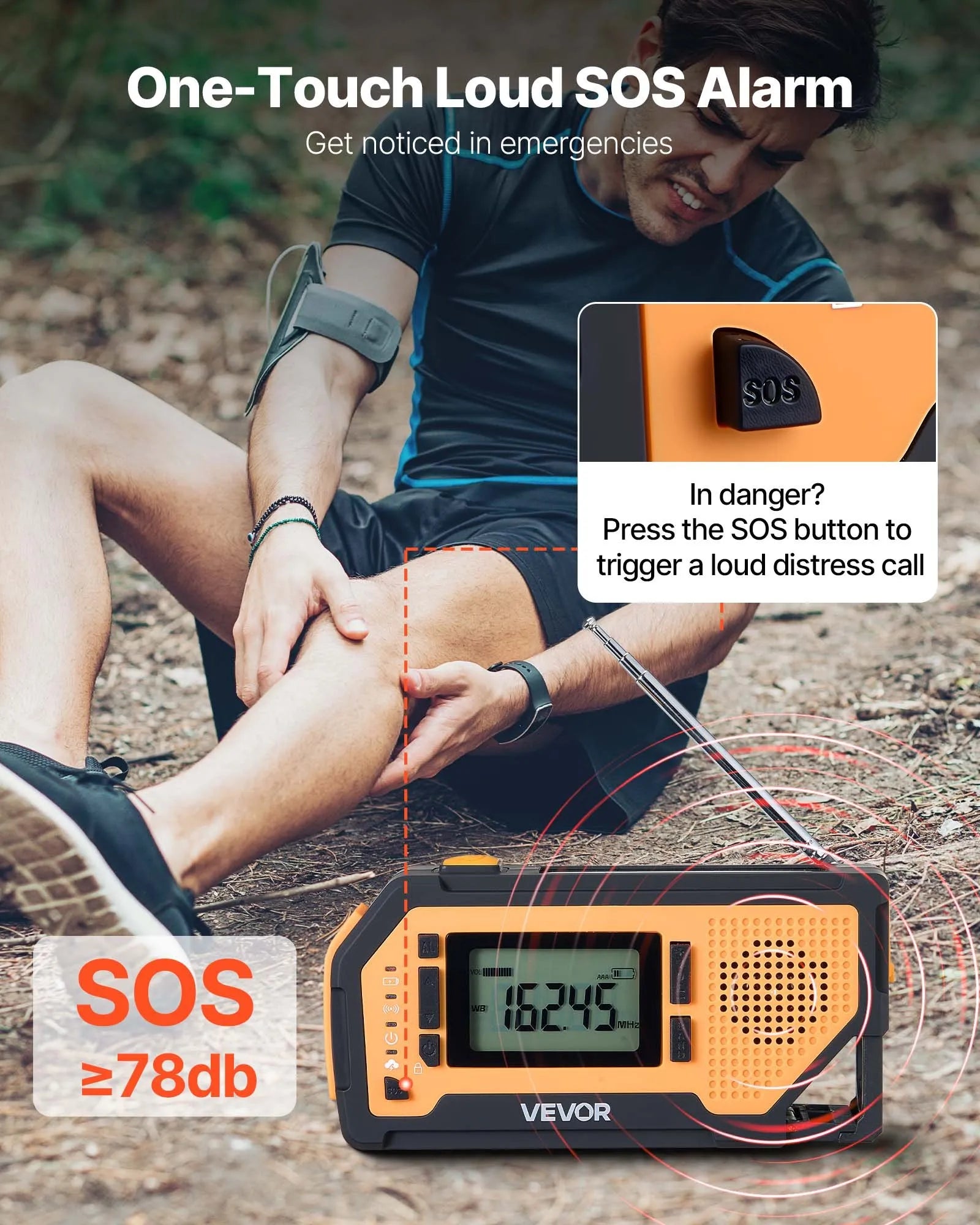 VEVOR avārijas laikapstākļu radio ar 2000 mAh akumulatoru, FM/AM/WB/NOAA trauksmi, saules un rokas ģeneratora uzlādi, USB savienojumu, SOS signālu un lukturīti, pārnēsājams āra situācijām un kempingam