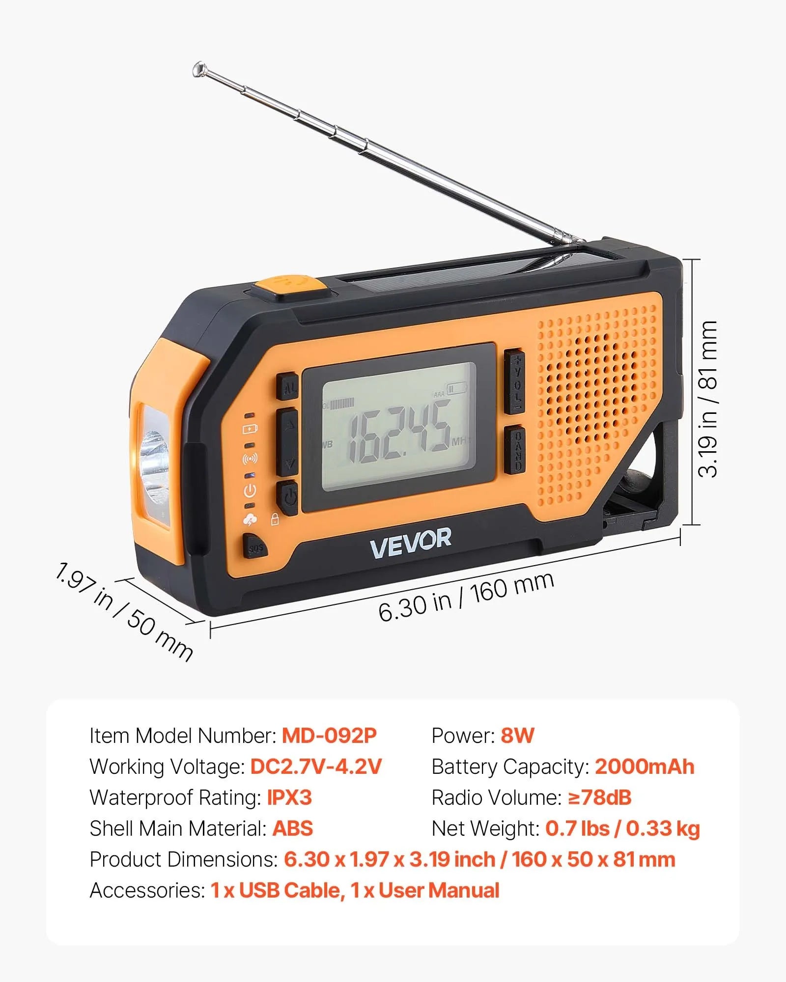 VEVOR avārijas laikapstākļu radio ar 2000 mAh akumulatoru, FM/AM/WB/NOAA trauksmi, saules un rokas ģeneratora uzlādi, USB savienojumu, SOS signālu un lukturīti, pārnēsājams āra situācijām un kempingam