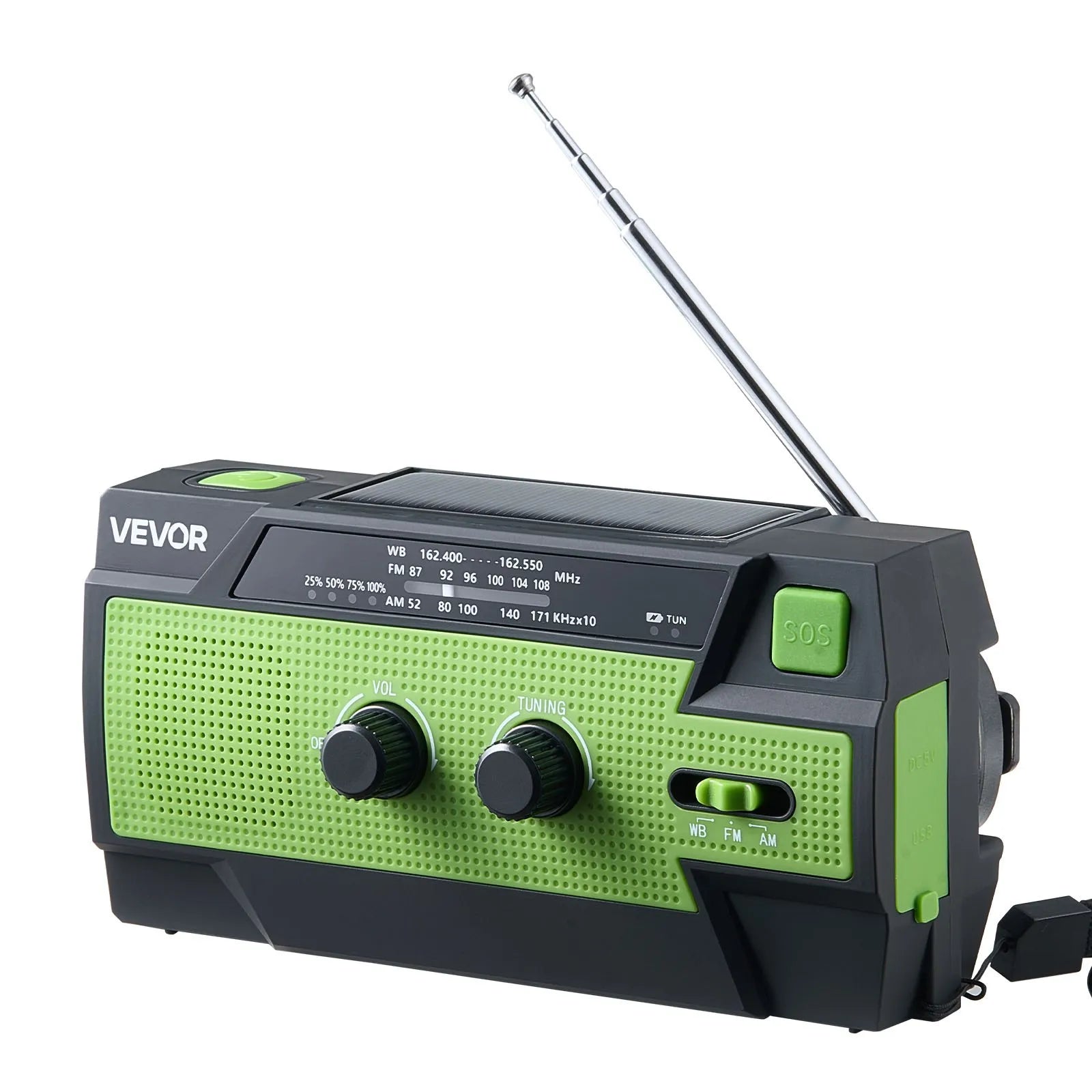 VEVOR avārijas laikapstākļu radio, 4000 mAh akumulators, FM/AM/WB/NOAA brīdinājumu uztvērējs ar saules bateriju un rokas ģeneratoru, USB uzlādes kabelis, SOS trauksmes signāls un lukturis, pārnēsājams āra un avārijas situācijām, kempingam
