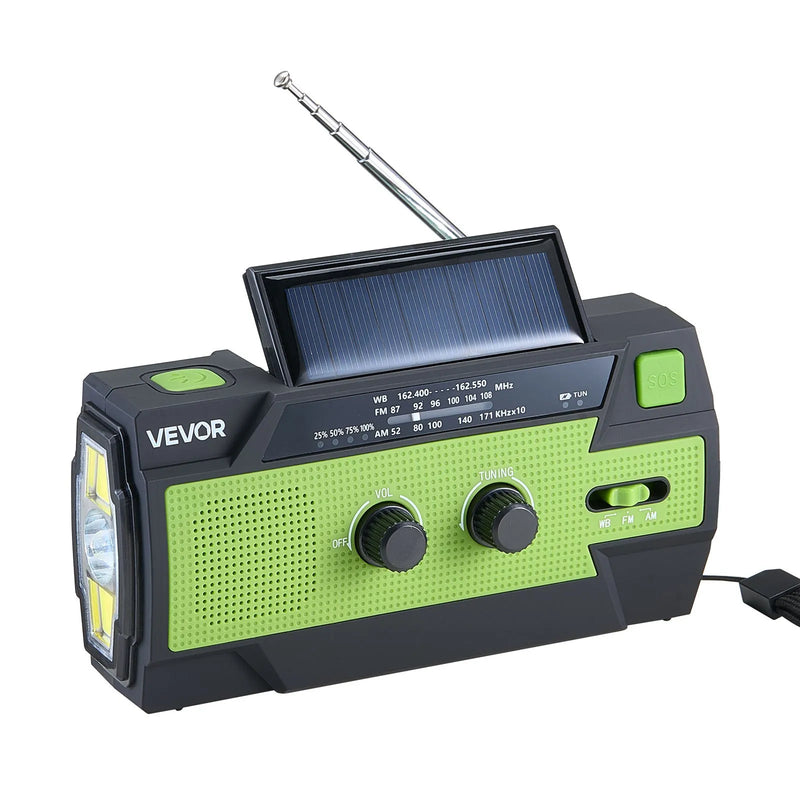 VEVOR avārijas laikapstākļu radio, 4000 mAh akumulators, FM/AM/WB/NOAA brīdinājumu uztvērējs ar saules bateriju un rokas ģeneratoru, USB uzlādes kabelis, SOS trauksmes signāls un lukturis, pārnēsājams āra un avārijas situācijām, kempingam
