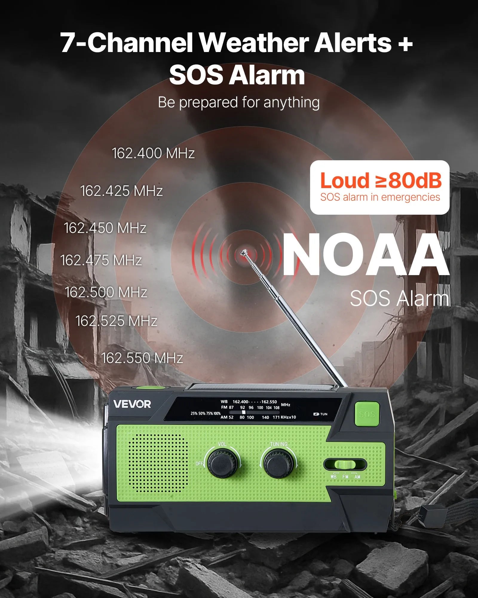 VEVOR avārijas laikapstākļu radio, 4000 mAh akumulators, FM/AM/WB/NOAA brīdinājumu uztvērējs ar saules bateriju un rokas ģeneratoru, USB uzlādes kabelis, SOS trauksmes signāls un lukturis, pārnēsājams āra un avārijas situācijām, kempingam
