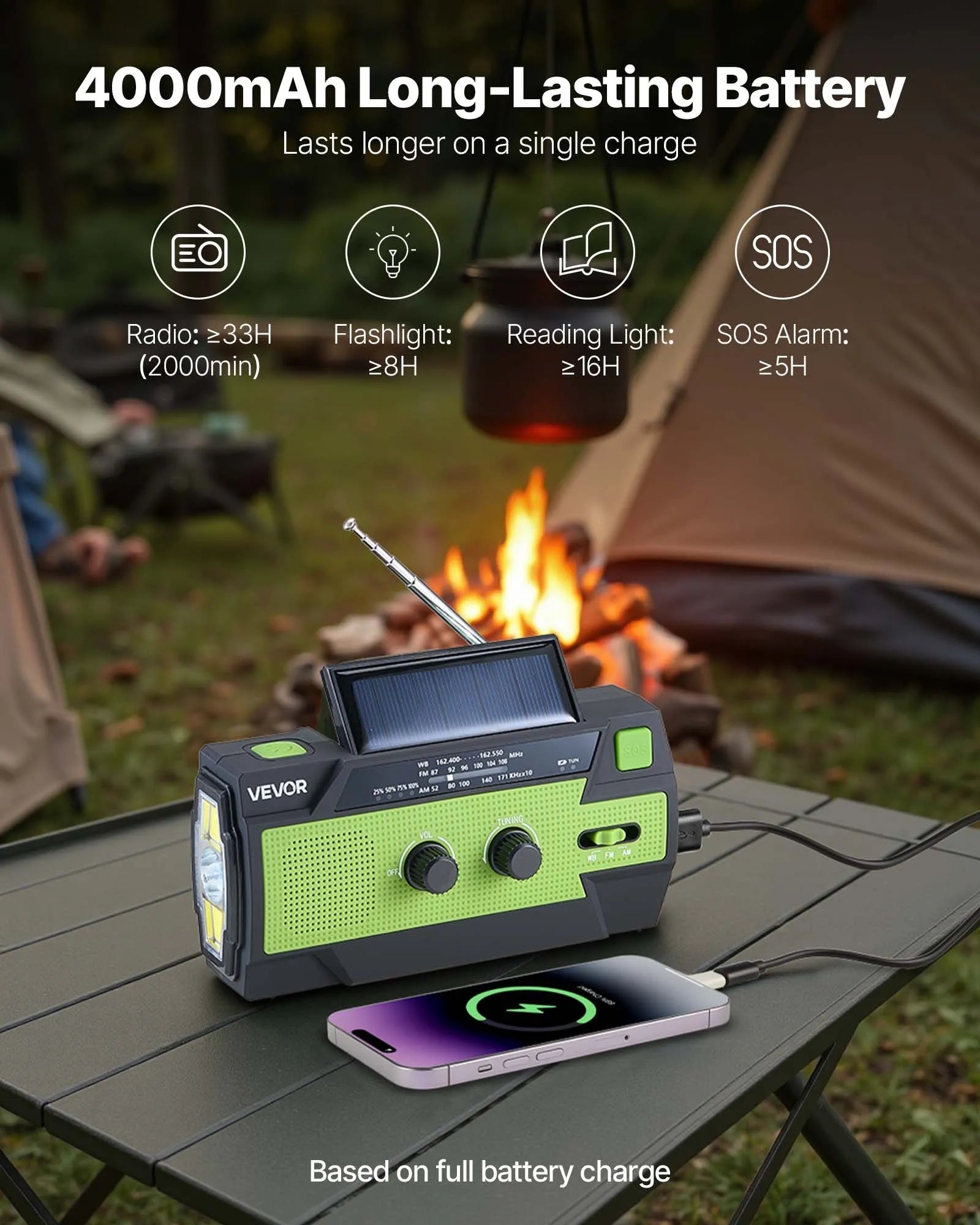 VEVOR avārijas laikapstākļu radio, 4000 mAh akumulators, FM/AM/WB/NOAA brīdinājumu uztvērējs ar saules bateriju un rokas ģeneratoru, USB uzlādes kabelis, SOS trauksmes signāls un lukturis, pārnēsājams āra un avārijas situācijām, kempingam