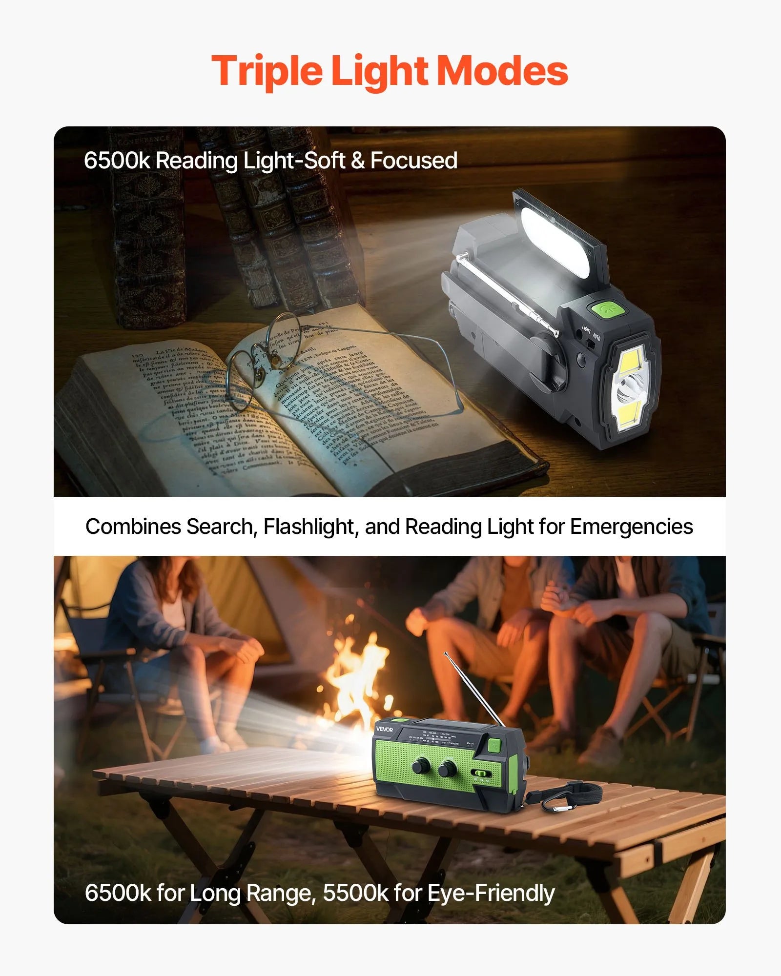 VEVOR avārijas laikapstākļu radio, 4000 mAh akumulators, FM/AM/WB/NOAA brīdinājumu uztvērējs ar saules bateriju un rokas ģeneratoru, USB uzlādes kabelis, SOS trauksmes signāls un lukturis, pārnēsājams āra un avārijas situācijām, kempingam