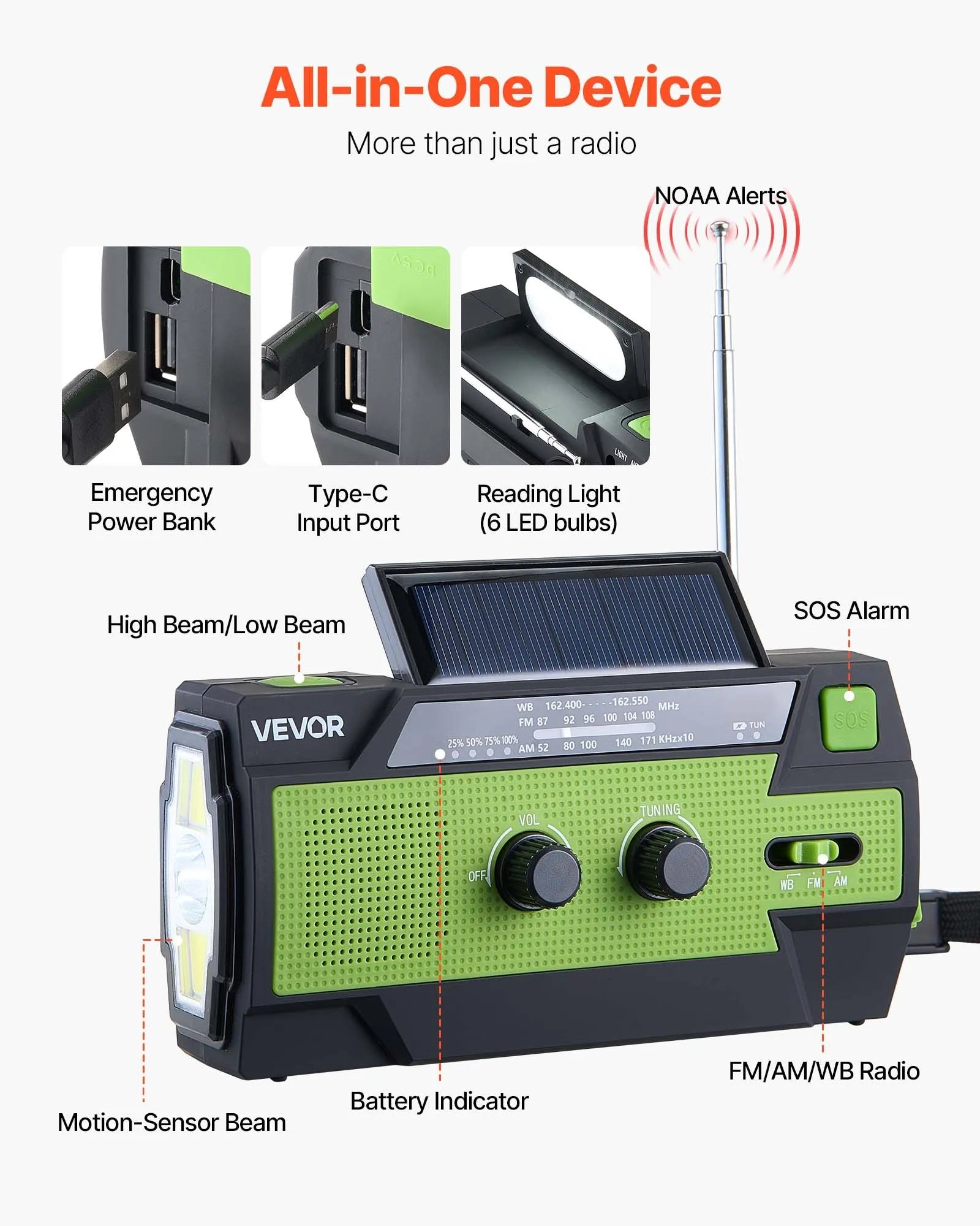 VEVOR avārijas laikapstākļu radio, 4000 mAh akumulators, FM/AM/WB/NOAA brīdinājumu uztvērējs ar saules bateriju un rokas ģeneratoru, USB uzlādes kabelis, SOS trauksmes signāls un lukturis, pārnēsājams āra un avārijas situācijām, kempingam
