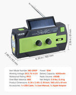 VEVOR avārijas laikapstākļu radio, 4000 mAh akumulators, FM/AM/WB/NOAA brīdinājumu uztvērējs ar saules bateriju un rokas ģeneratoru, USB uzlādes kabelis, SOS trauksmes signāls un lukturis, pārnēsājams āra un avārijas situācijām, kempingam