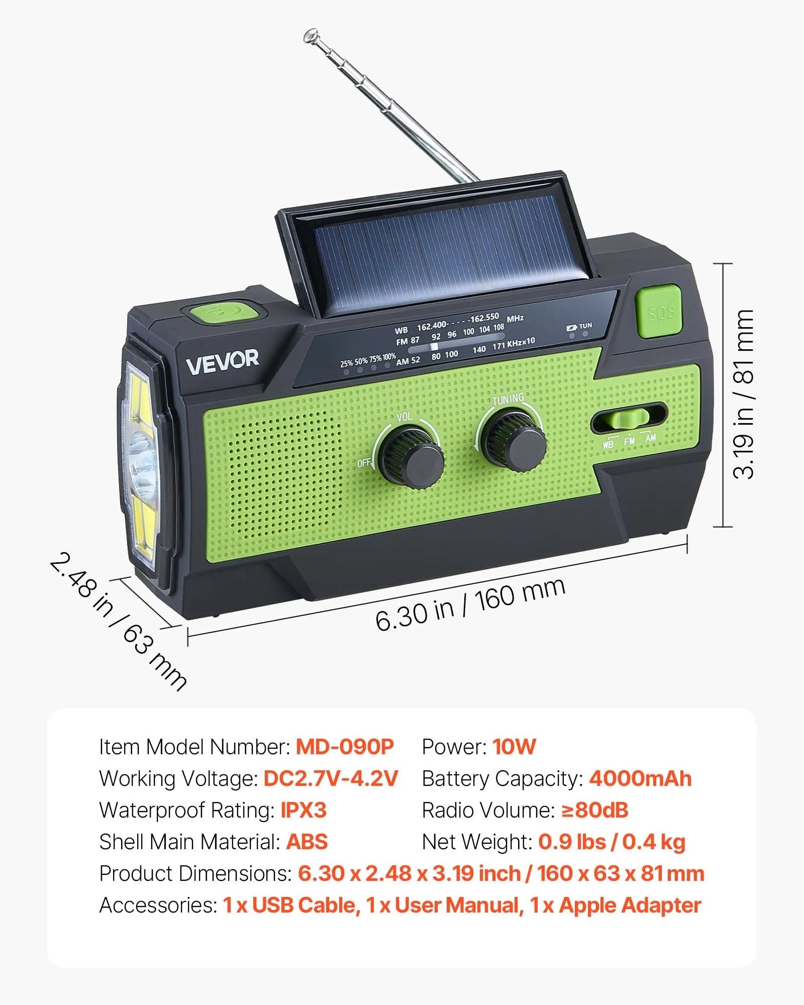 VEVOR avārijas laikapstākļu radio, 4000 mAh akumulators, FM/AM/WB/NOAA brīdinājumu uztvērējs ar saules bateriju un rokas ģeneratoru, USB uzlādes kabelis, SOS trauksmes signāls un lukturis, pārnēsājams āra un avārijas situācijām, kempingam