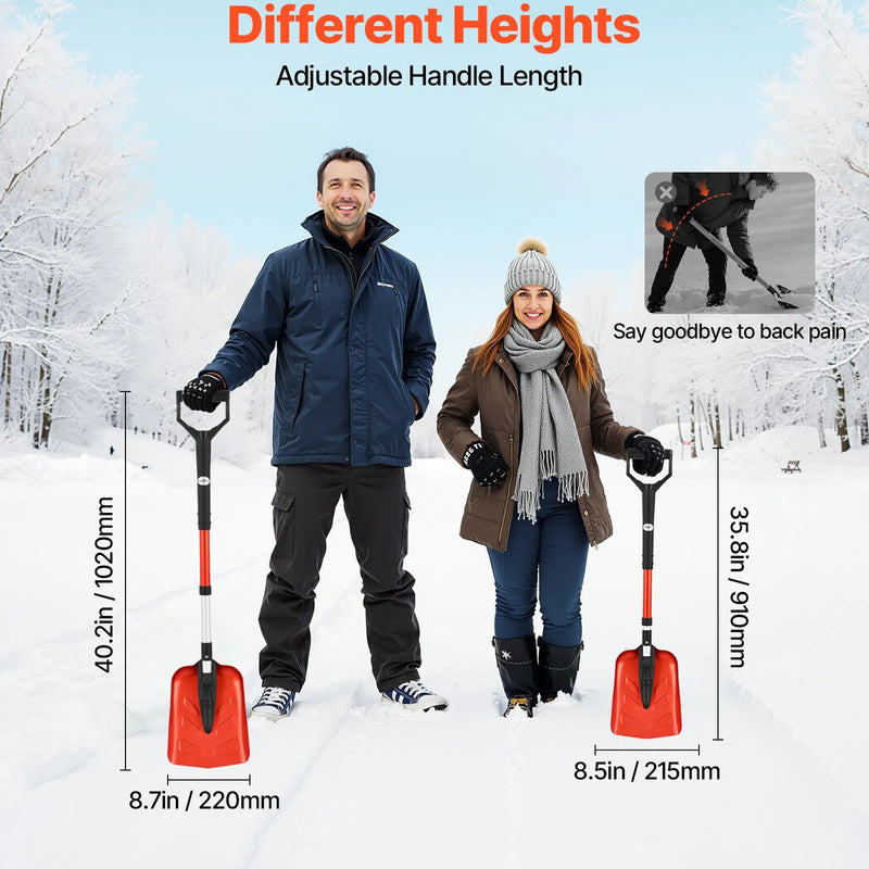 VEVOR salokāma sniega lāpsta celiņiem, 22 cm plata ar D veida rokturi, 91–102 cm regulējams garums, viegla alumīnija sniega tīrīšanas lāpsta muguras slodzes mazināšanai dārzā, automašīnai un kempingam