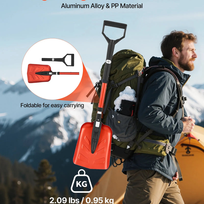 VEVOR salokāma sniega lāpsta celiņiem, 22 cm plata ar D veida rokturi, 91–102 cm regulējams garums, viegla alumīnija sniega tīrīšanas lāpsta muguras slodzes mazināšanai dārzā, automašīnai un kempingam