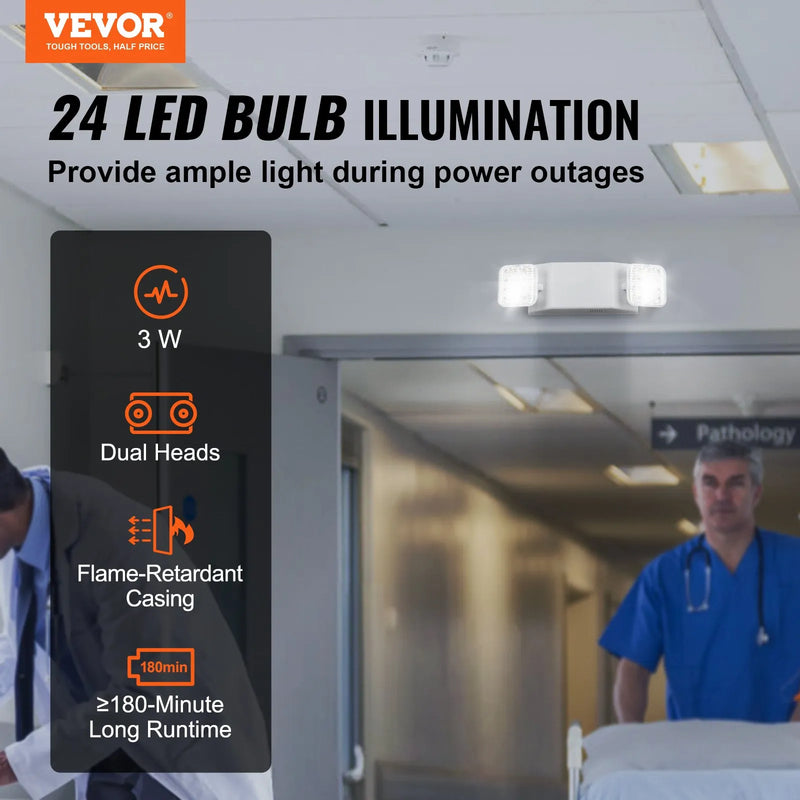 24 gab. komerciālās avārijas lampas, 3 W, baltās LED avārijas izejas apgaismojuma gaismekļi ar 180 min akumulatora darbības laiku, regulējamu 2 LED kvadrātveida galvu, griestu vai sienas stiprinājumu biznesa elektroapgādes pārtraukumiem