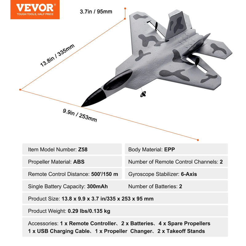 VEVOR RC lidmašīna, 2,4 GHz 2 kanālu tālvadības iznīcinātāja tipa lidaparāts ar 6 asu žiroskopu, gatava lidojumam, ar 2 akumulatoriem, viegli vadāms RC planieris iesācējiem, bērniem un pieaugušajiem