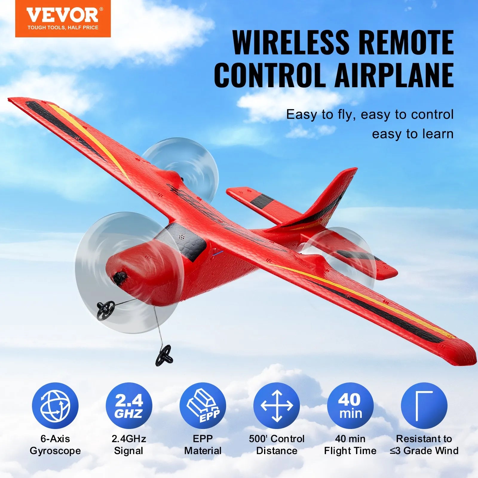 VEVOR RC lidmašīna, 2,4 GHz divkanālu tālvadības lidmodelis ar 6 asu žiroskopisko stabilizatoru, gatava lidošanai, ar 2 baterijām, viegli vadāms planieris pieaugušajiem un bērniem, iesācējiem un jauniešiem.