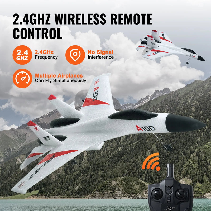 VEVOR RC lidmašīna, 2,4 GHz 4 kanālu tālvadības lidaparāts ar 6 asu žiroskopa stabilizatoru, gatava lidojumam kaujas lidmašīnas tipa RC lidmašīna ar 2 akumulatoriem, viegli vadāms RC planieris pieaugušajiem, bērniem un iesācējiem.