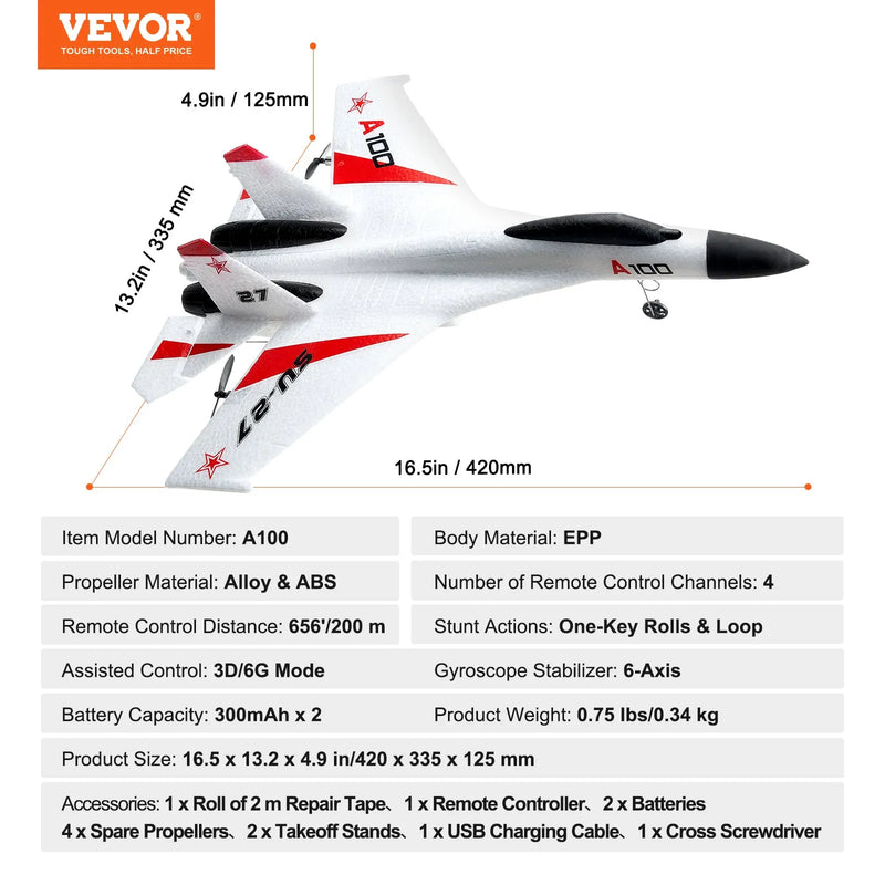 VEVOR RC lidmašīna, 2,4 GHz 4 kanālu tālvadības lidaparāts ar 6 asu žiroskopa stabilizatoru, gatava lidojumam kaujas lidmašīnas tipa RC lidmašīna ar 2 akumulatoriem, viegli vadāms RC planieris pieaugušajiem, bērniem un iesācējiem.