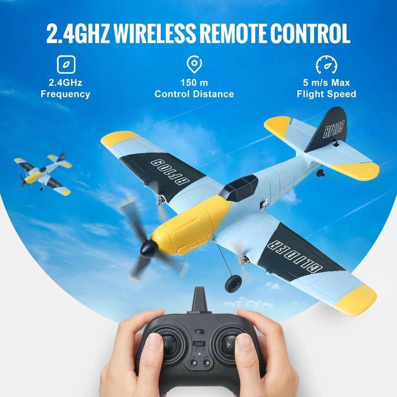 VEVOR RC lidmašīna, 2,4 GHz 3 kanālu tālvadības lidaparāts ar 6 asu žiroskopa stabilizatoru, gatava lidojumam kaujas lidmašīnas tipa RC lidmašīna ar 2 akumulatoriem, viegli vadāms RC planieris pieaugušajiem, bērniem un iesācējiem