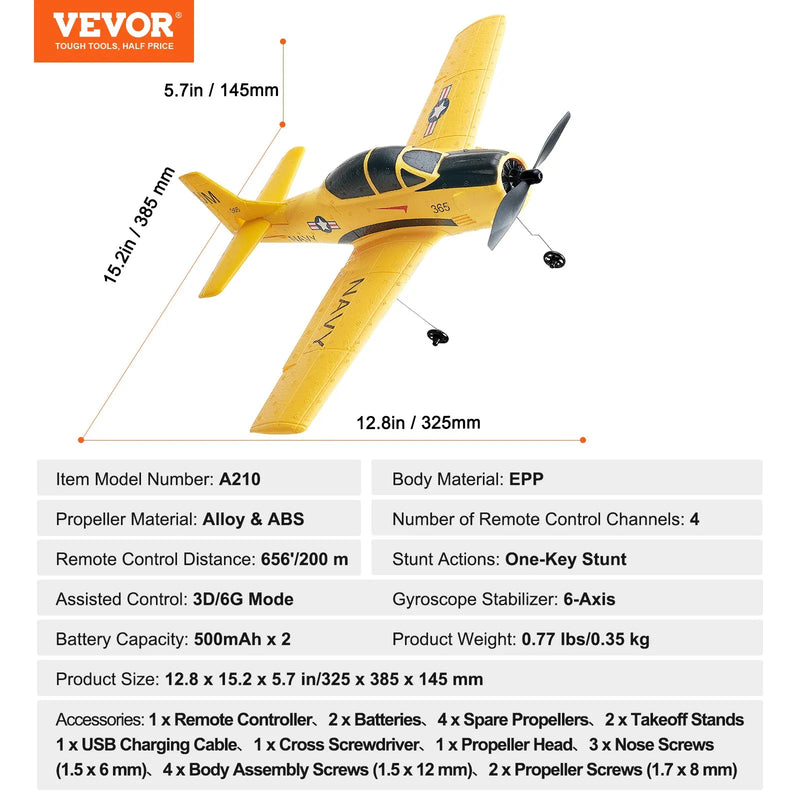 VEVOR RC lidmašīna, 2,4 GHz 4 kanālu tālvadības treniņlidaparāts ar 6 asu žiroskopa stabilizatoru, gatava lidojumam, ar 2 akumulatoriem, viegli vadāms RC planieris pieaugušajiem, bērniem un iesācējiem