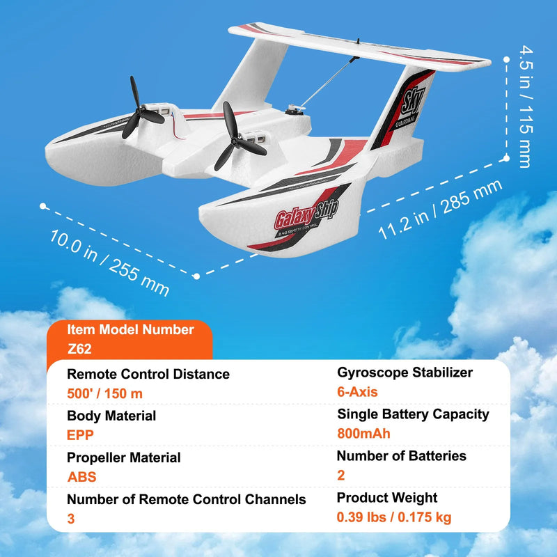 VEVOR RC lidmašīna ar 2,4 GHz tālvadību, 3 kanāli, 6 asu žiroskopa stabilizators, gatava lidojumam amfībijas tipa lidmašīna ar 2 akumulatoriem, viegli vadāms planieris pieaugušajiem un bērniem
